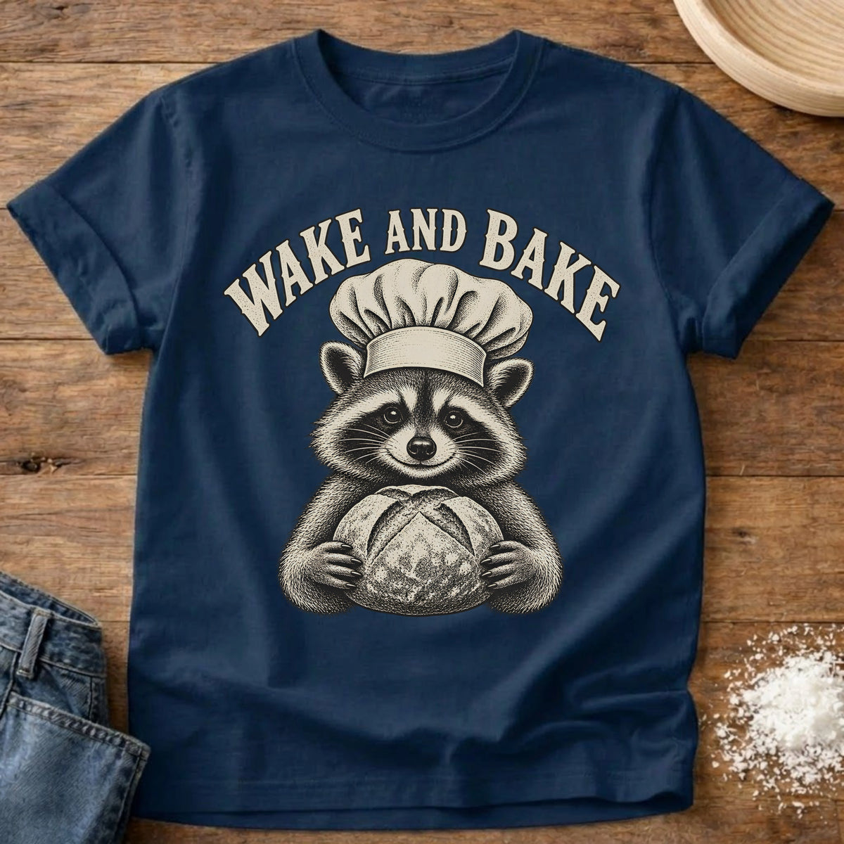 Knead More Fun Wake And Bake raccoon sourdough t-shirt in Navy