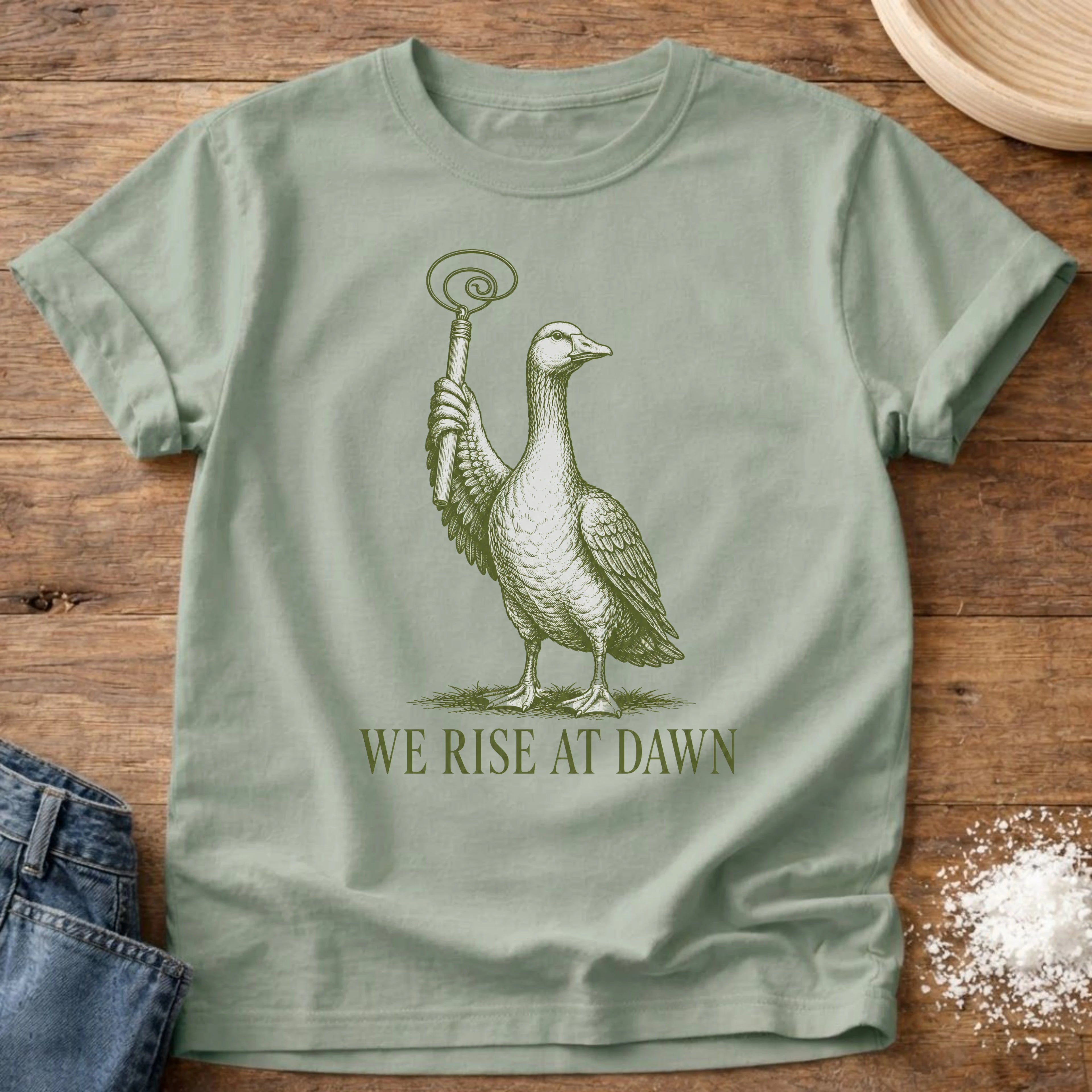 Knead More Fun We Rise at Dawn Goose sourdough t-shirt in Bay