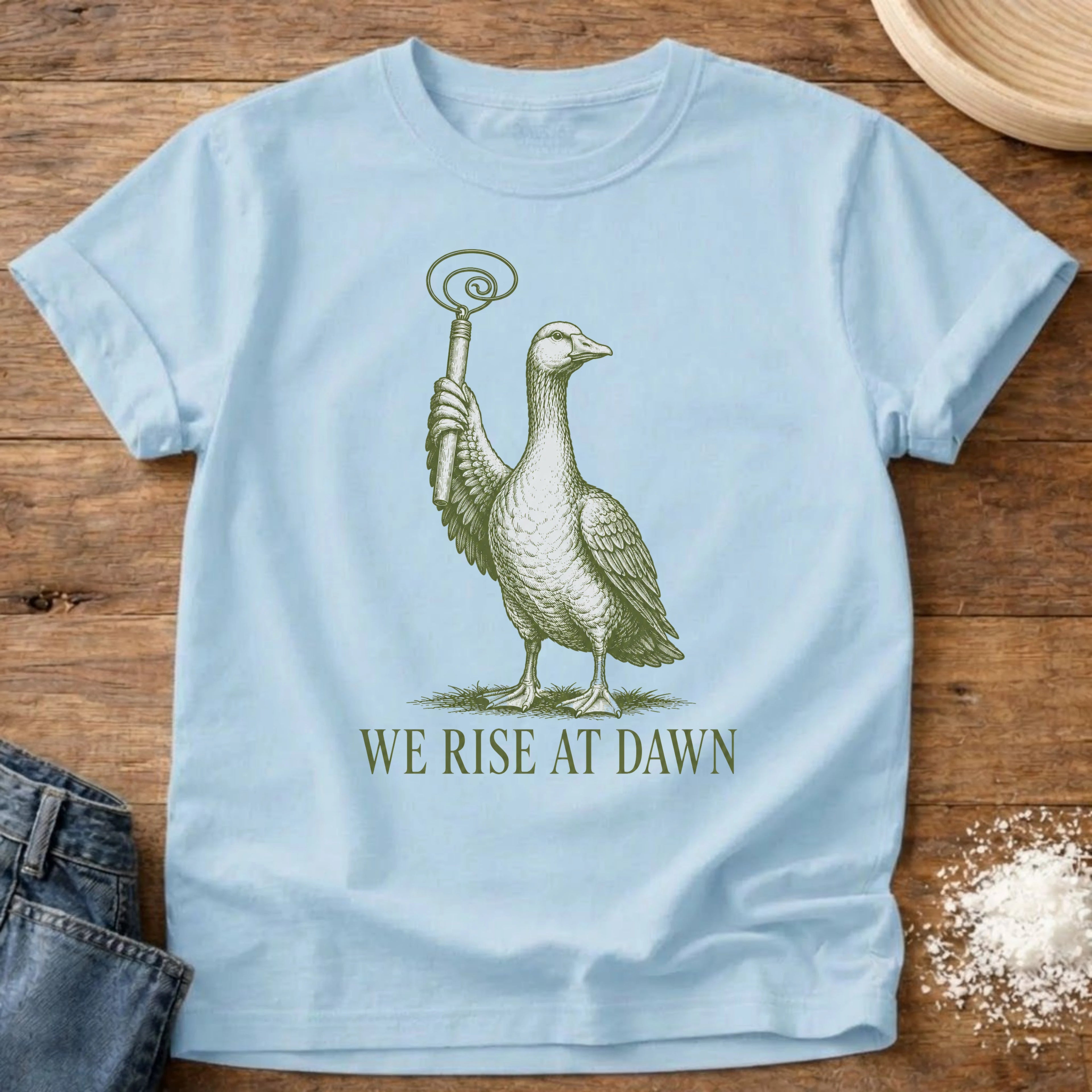 Knead More Fun We Rise at Dawn Goose sourdough t-shirt in Chambray