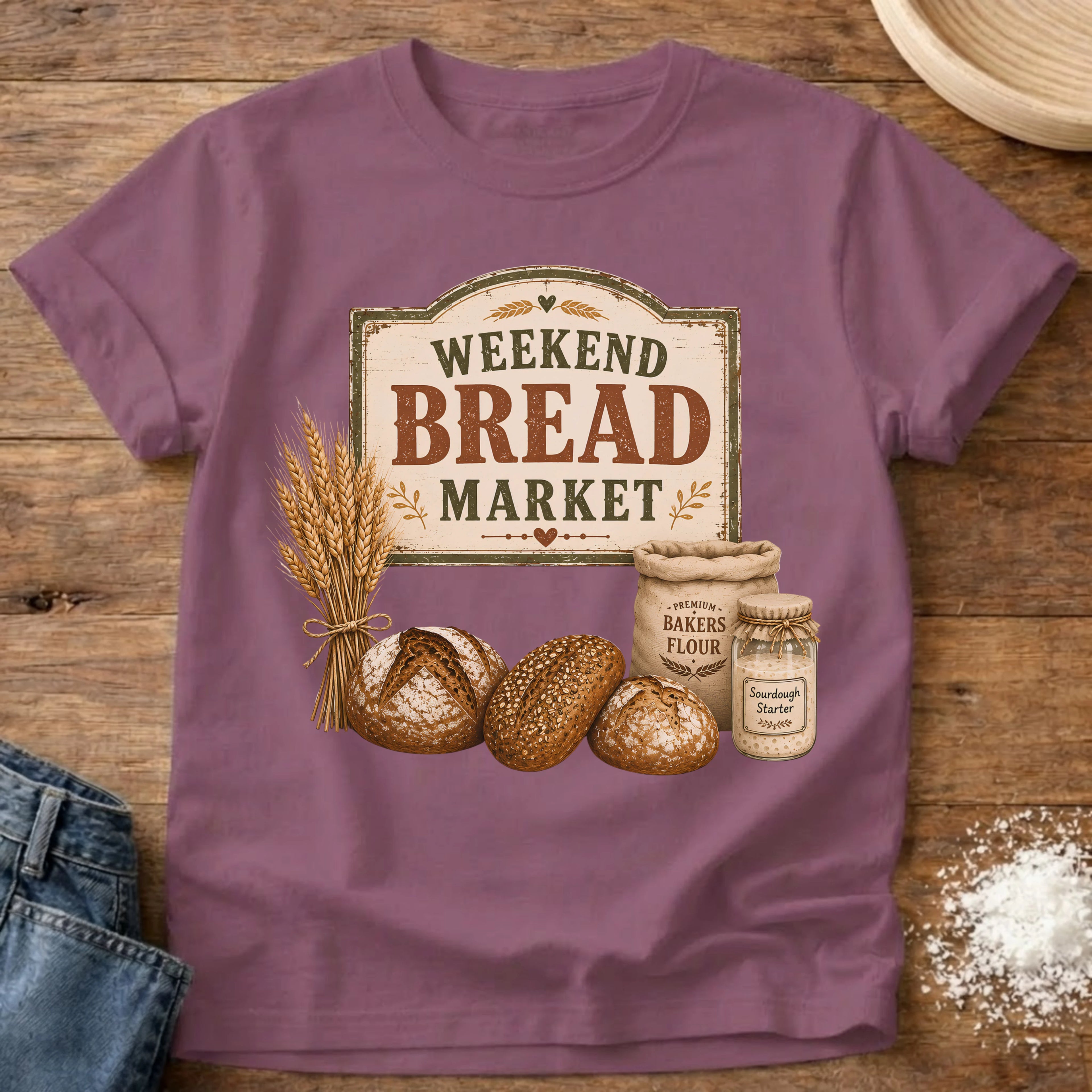 Knead More Fun Weekend Bread Market sourdough t-shirt in Berry
