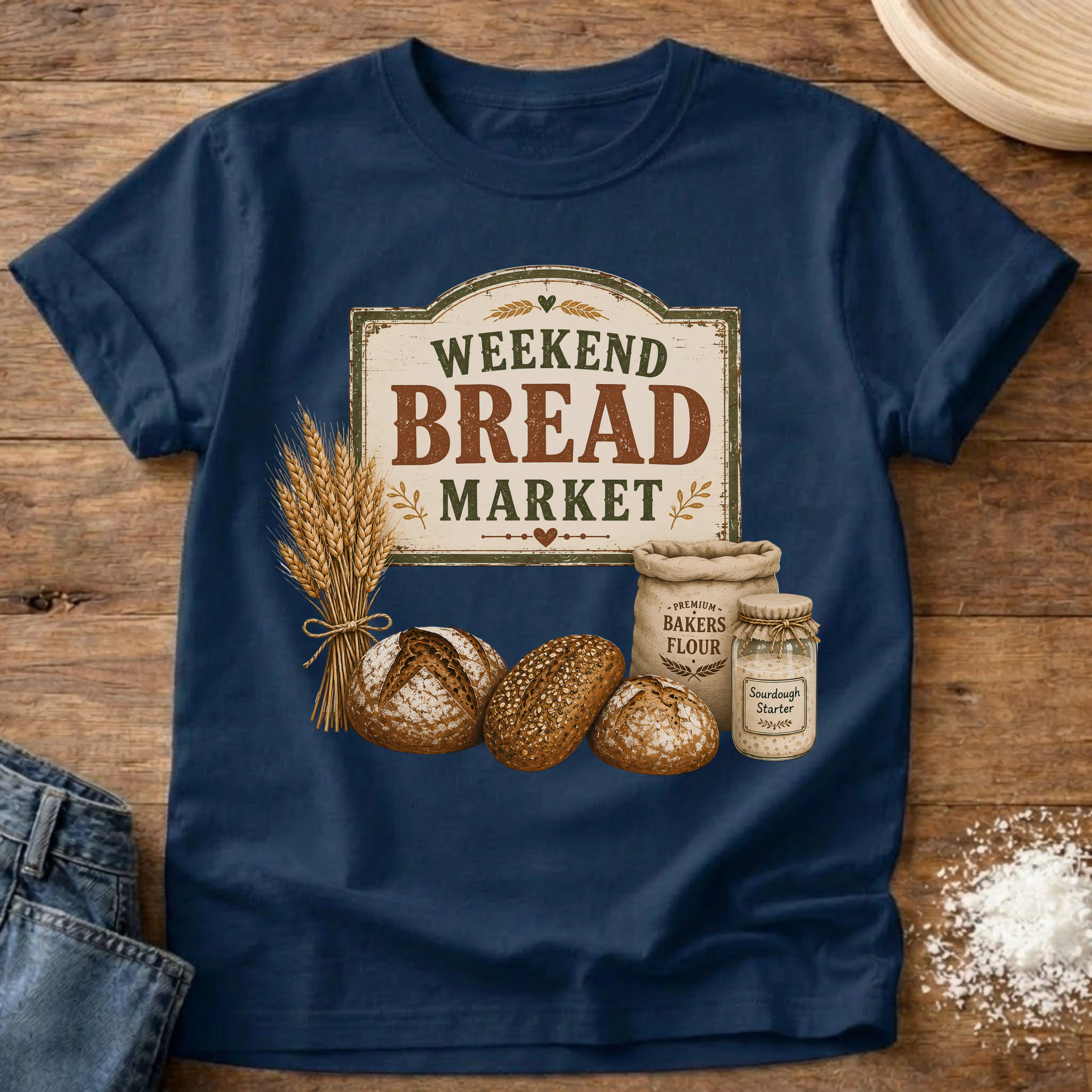 Knead More Fun Weekend Bread Market sourdough t-shirt in Navy