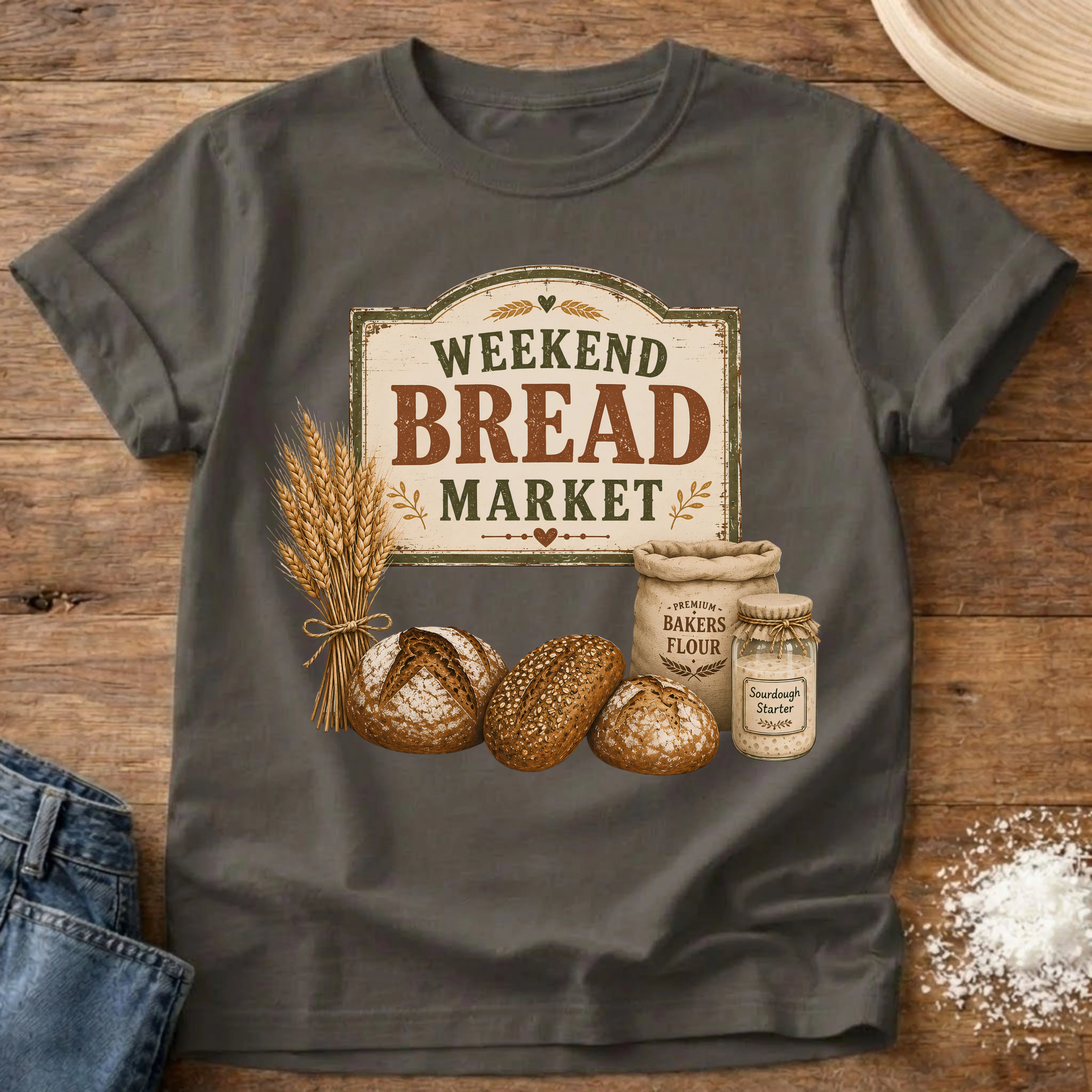 Knead More Fun Weekend Bread Market sourdough t-shirt in Pepper