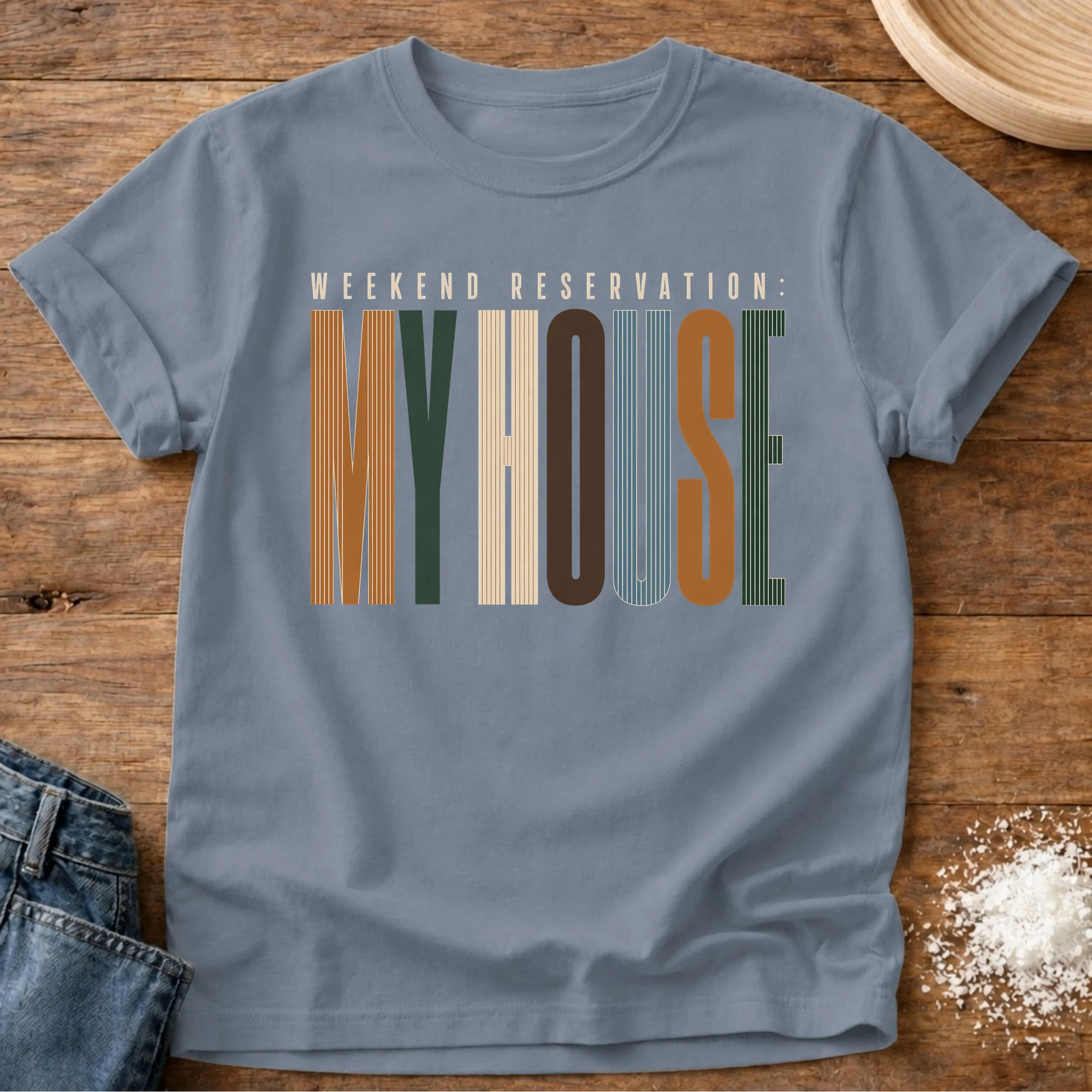 Knead More Fun weekend reservations homebody t-shirt in Blue Jean