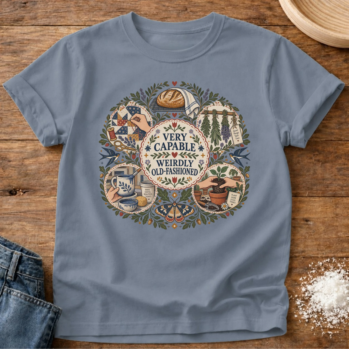 Knead More Fun Weirdly Old Fashioned graphic t-shirt in Blue Jean