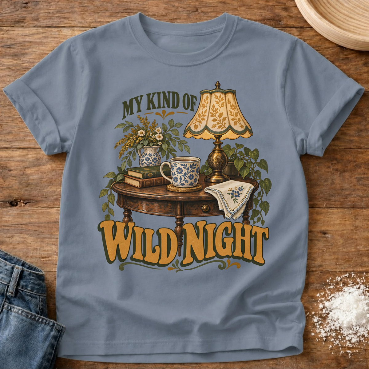 Knead More Fun Wild Night grannycore t-shirt in Blue Jean