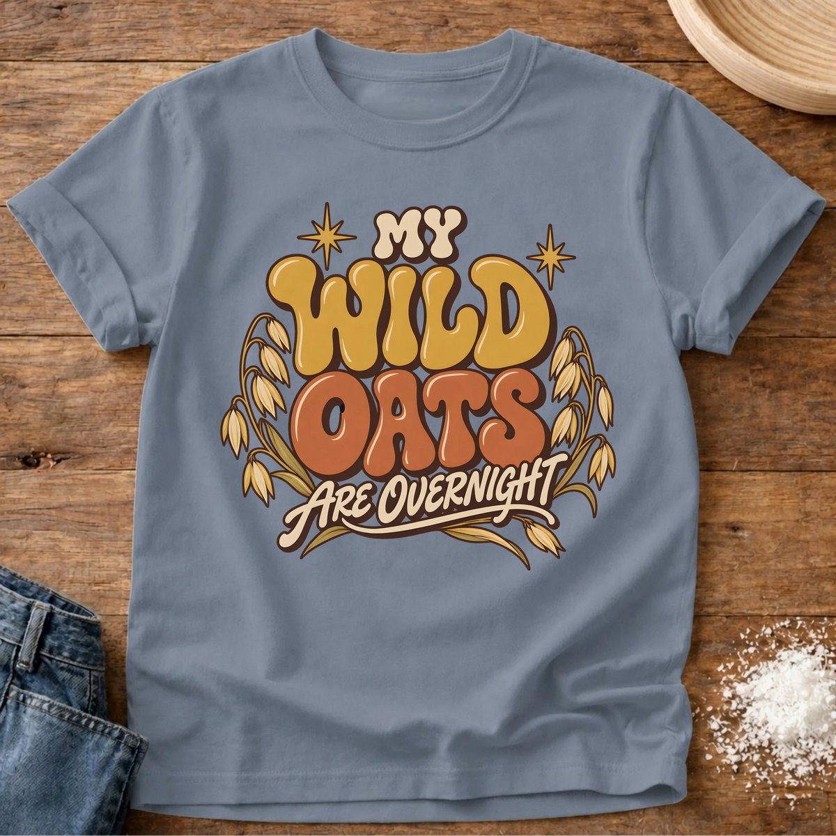 Knead More Fun Wild Oats t-shirt in Blue Jean