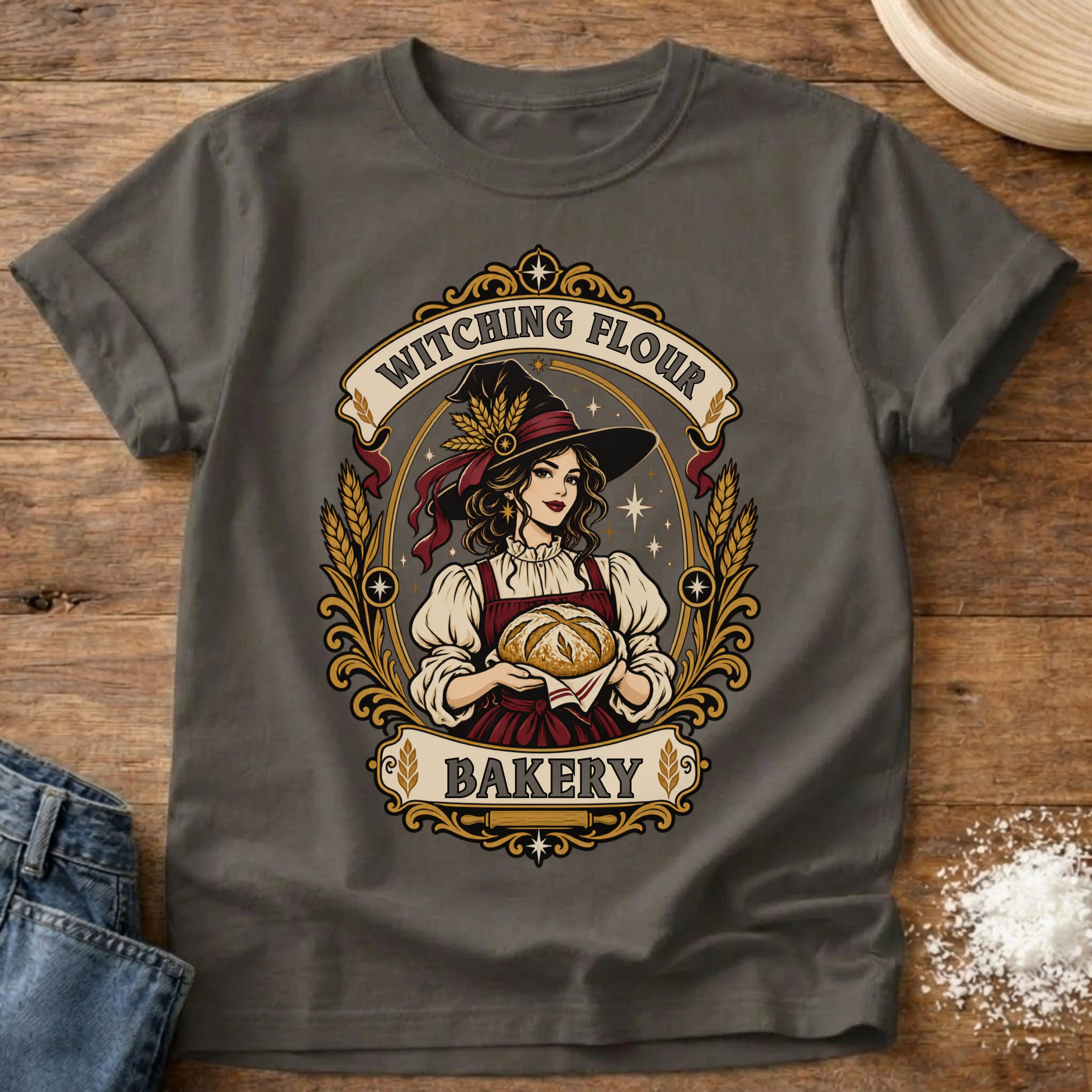 Knead More Fun Witching Flour Bakery sourdough t-shirt in Pepper
