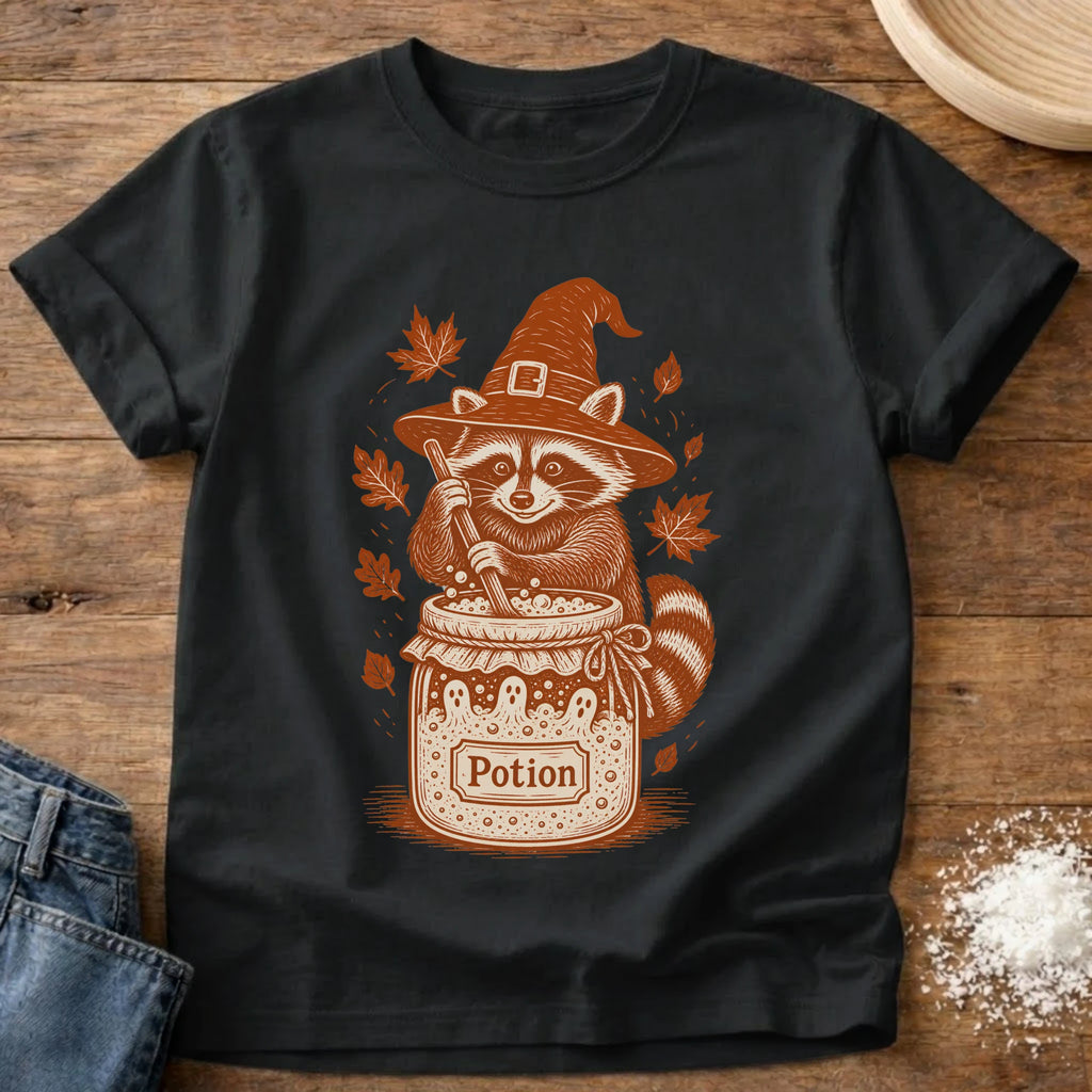Knead More Fun Witchy Raccoon Starter Potion sourdough t-shirt in Black