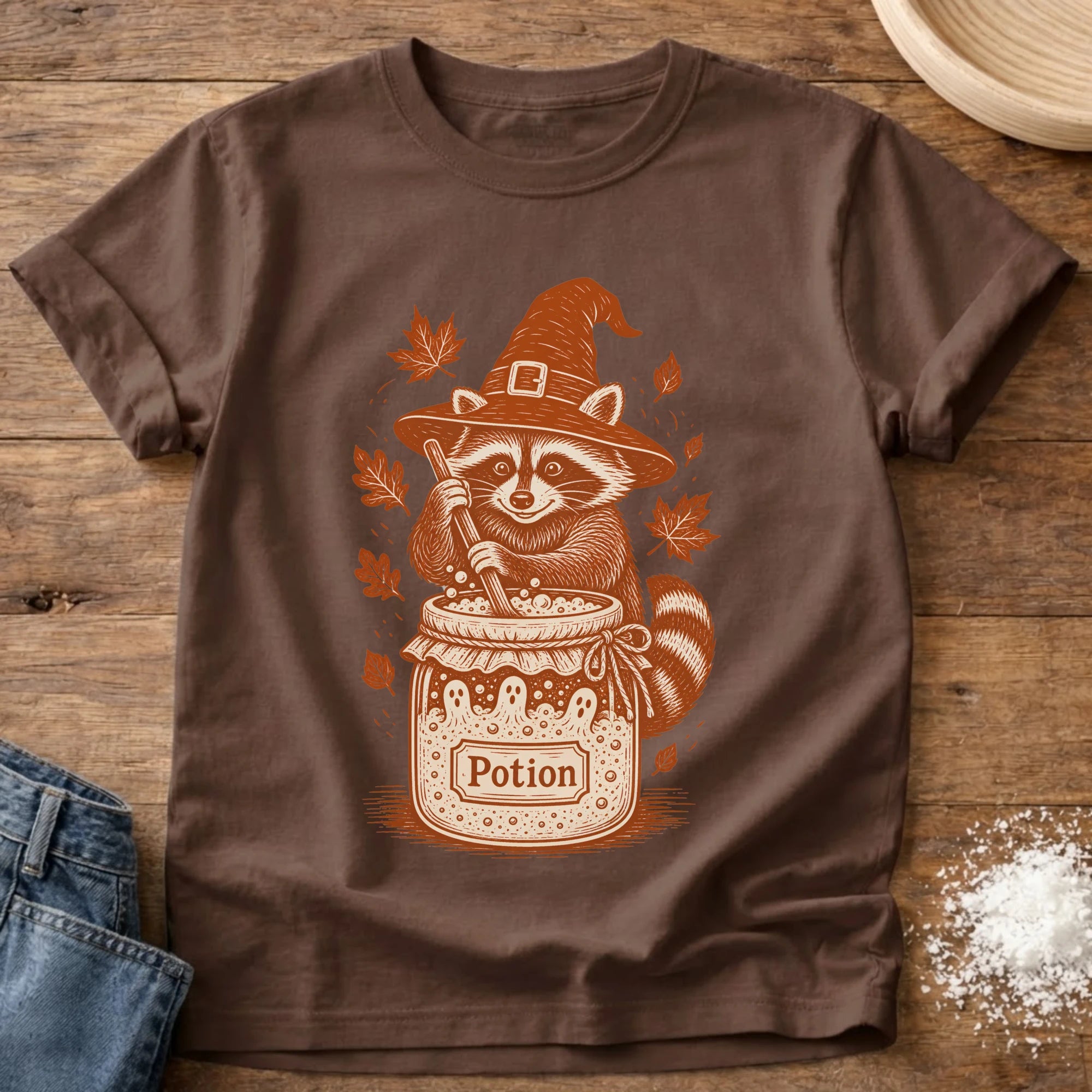 Knead More Fun Witchy Raccoon Starter Potion sourdough t-shirt in Espresso