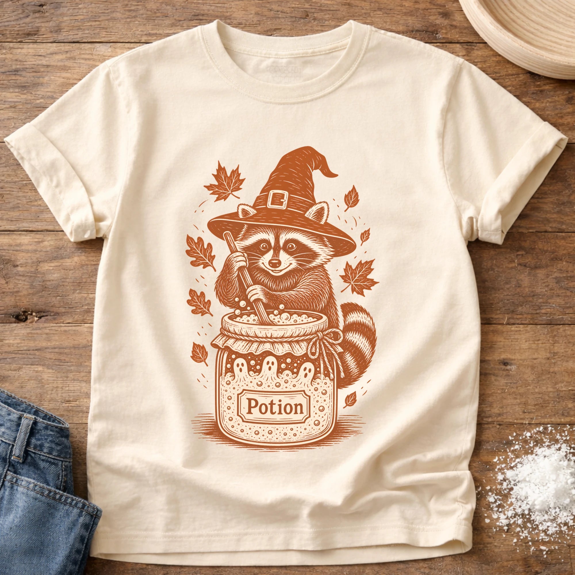 Knead More Fun Witchy Raccoon Starter Potion sourdough t-shirt in Ivory