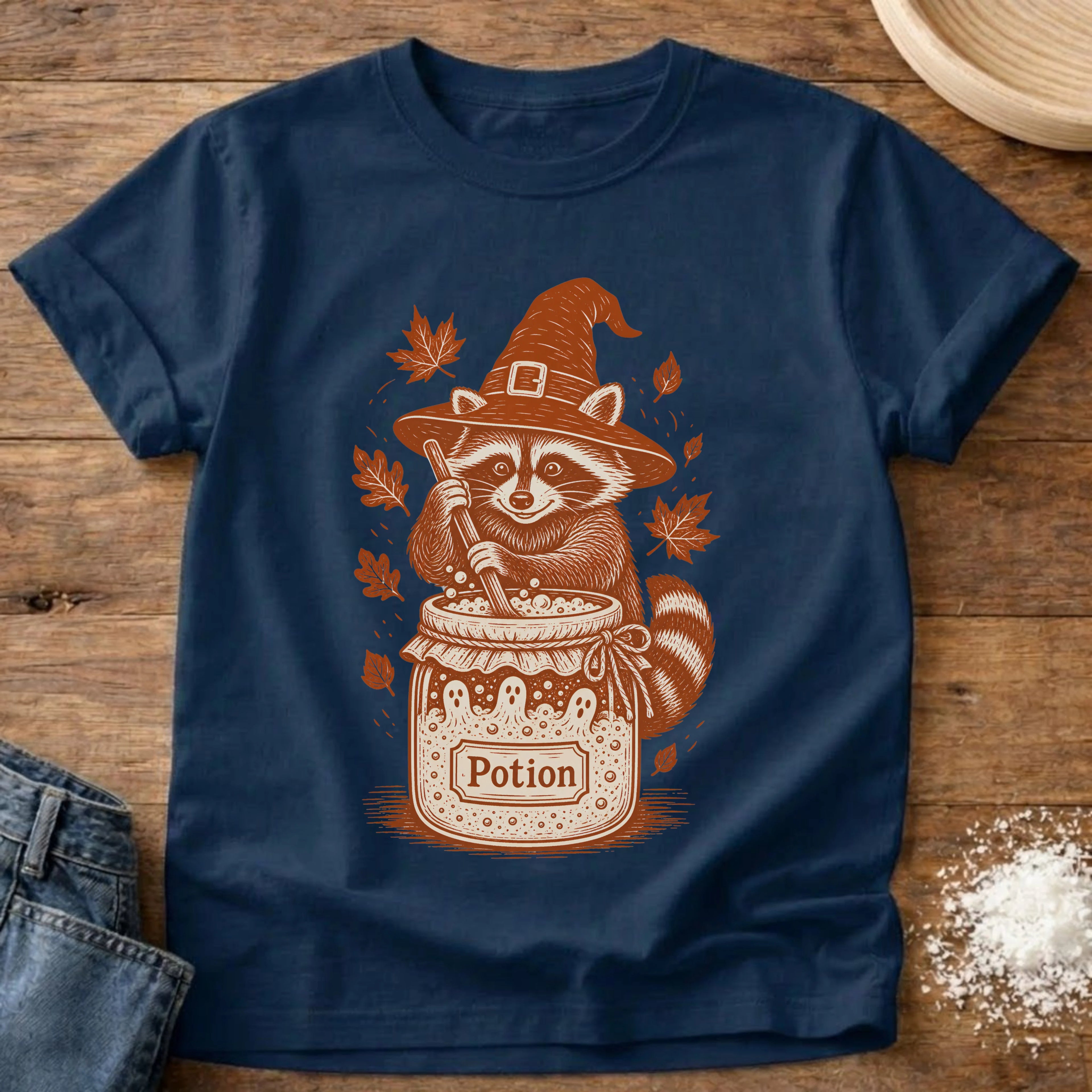 Knead More Fun Witchy Raccoon Starter Potion sourdough t-shirt in Navy