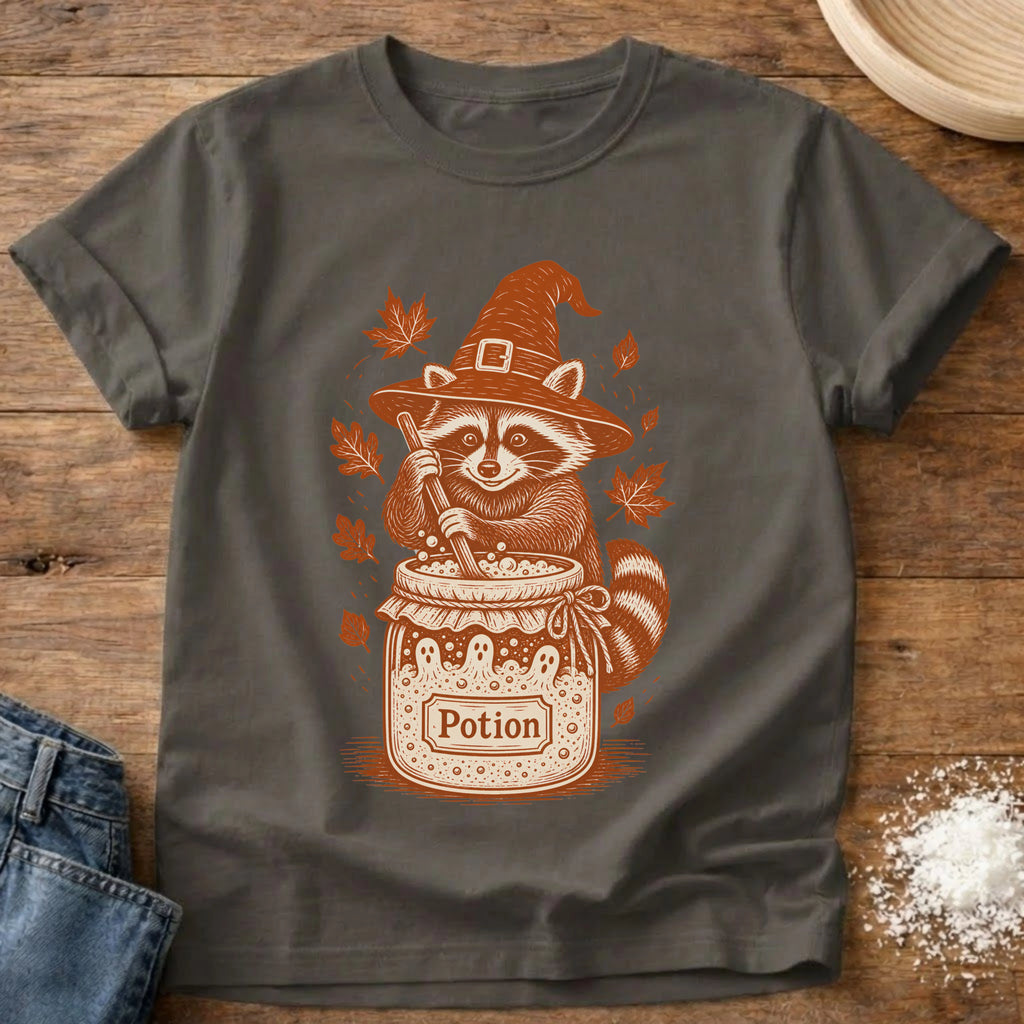 Knead More Fun Witchy Raccoon Starter Potion sourdough t-shirt in Pepper