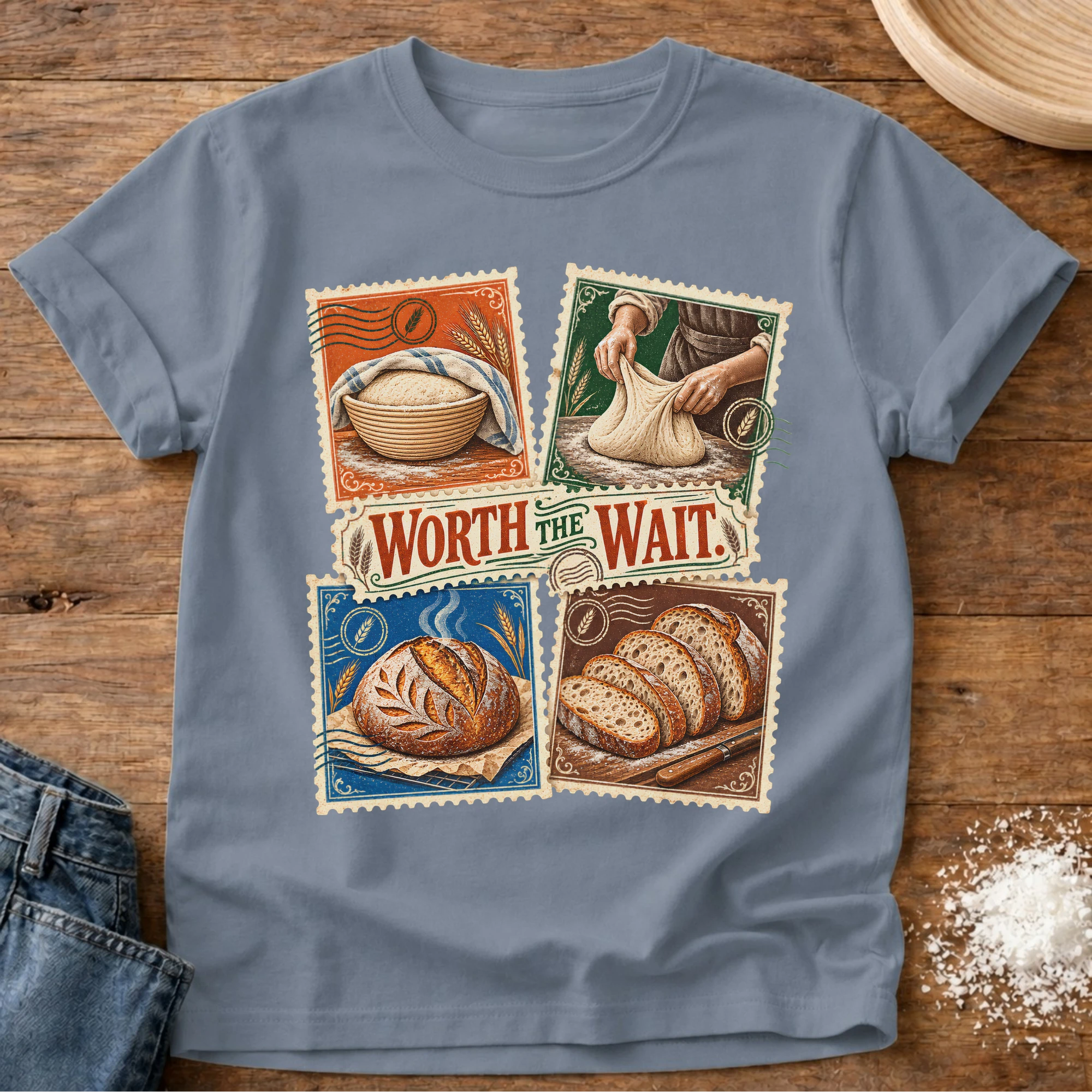 Knead More Fun worth the wait sourdough t-shirt in Blue Jean