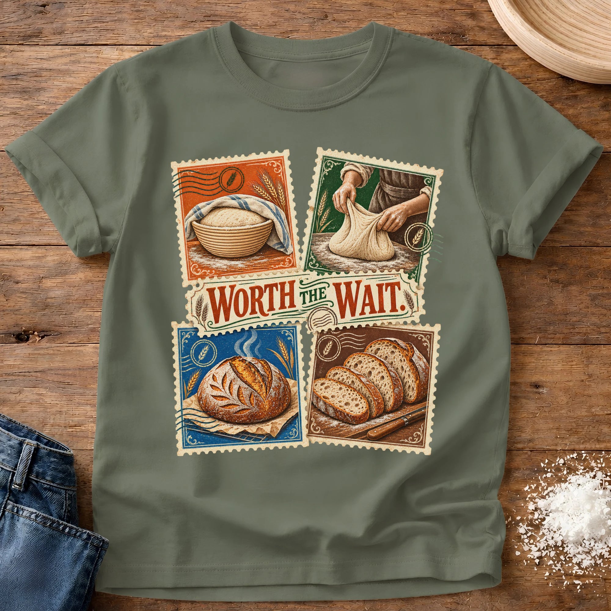 Knead More Fun worth the wait sourdough t-shirt in Moss